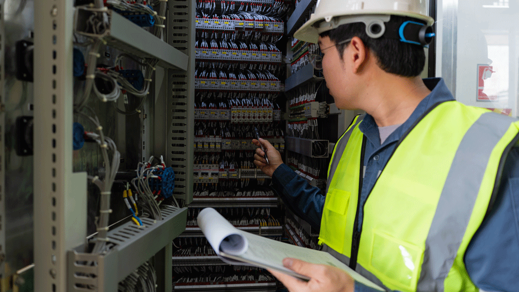 Technicien électricien consultant un carnet de prescriptions sur site industriel