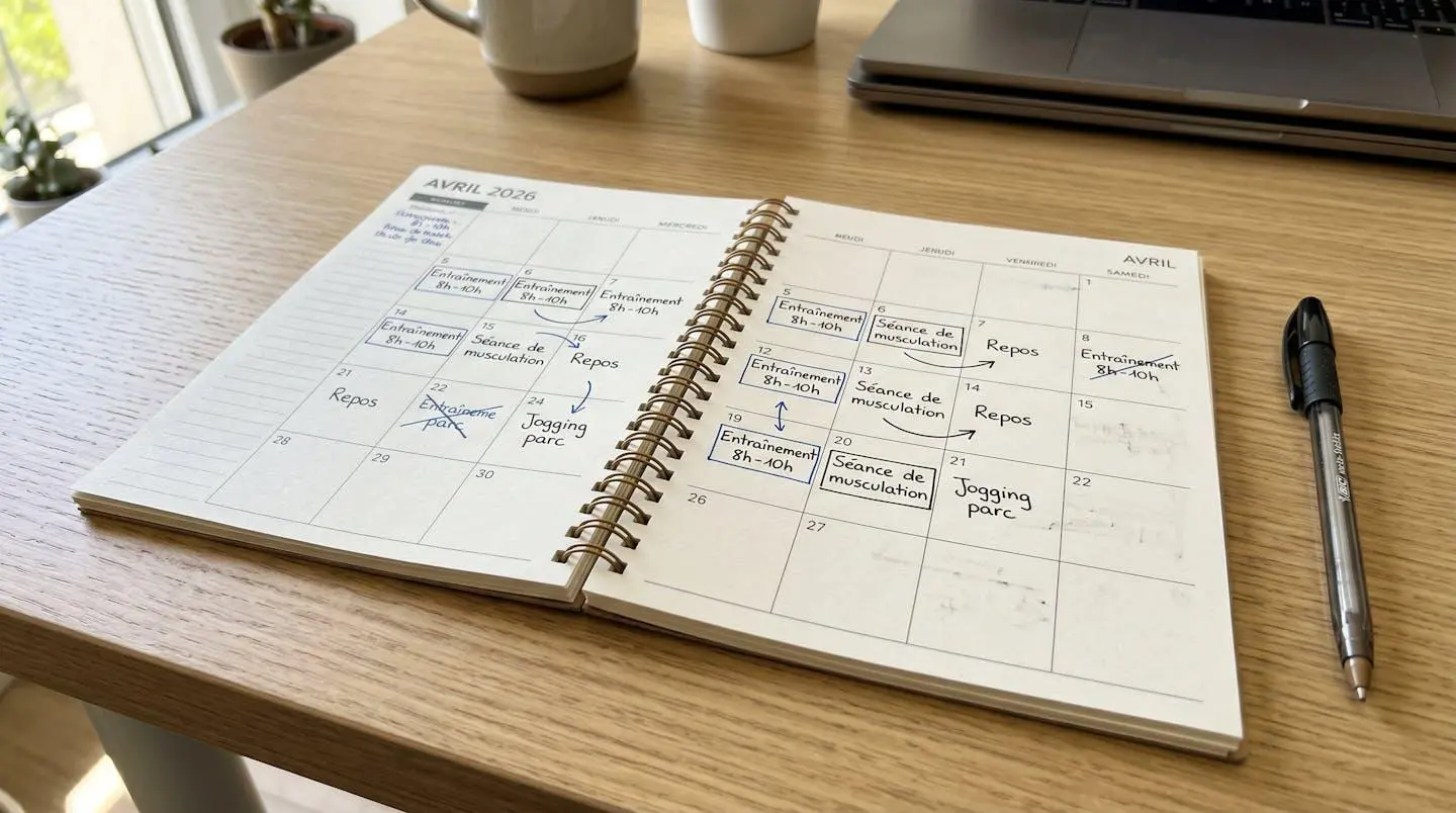Vue rapprochée d'un agenda ouvert avec des annotations manuscrites marquant différentes périodes, un stylo posé à côté sur un bureau moderne