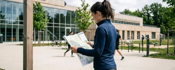 Une personne consultant une carte routière ou un document de planification des trajets devant un panneau de direction, illustrant la réflexion sur les distances à parcourir entre domicile, stage et établissement de formation
