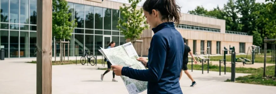 Une personne consultant une carte routière ou un document de planification des trajets devant un panneau de direction, illustrant la réflexion sur les distances à parcourir entre domicile, stage et établissement de formation