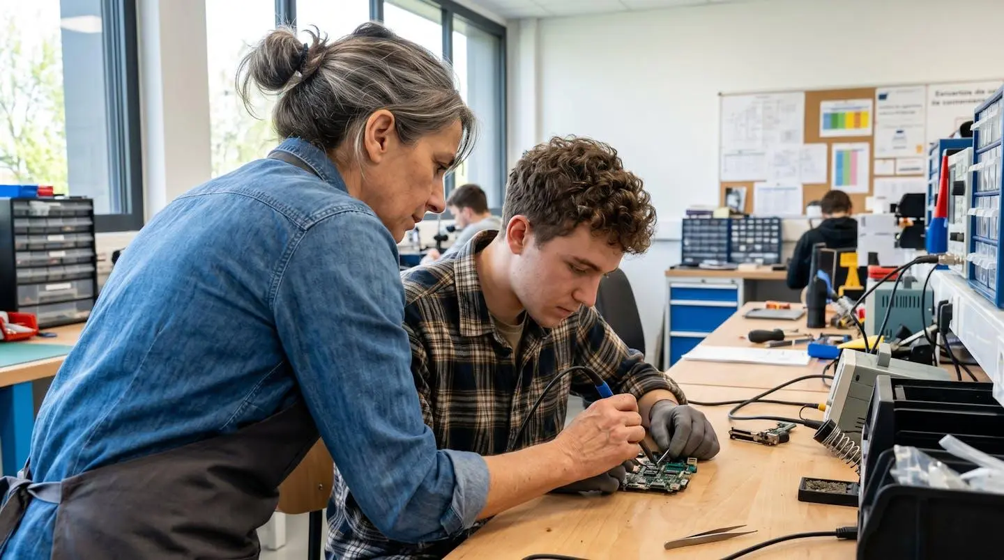 Un professionnel expérimenté (tuteur) montrant un geste technique ou expliquant une procédure à un jeune apprenant dans un environnement de travail réaliste, interaction d'encadrement visible