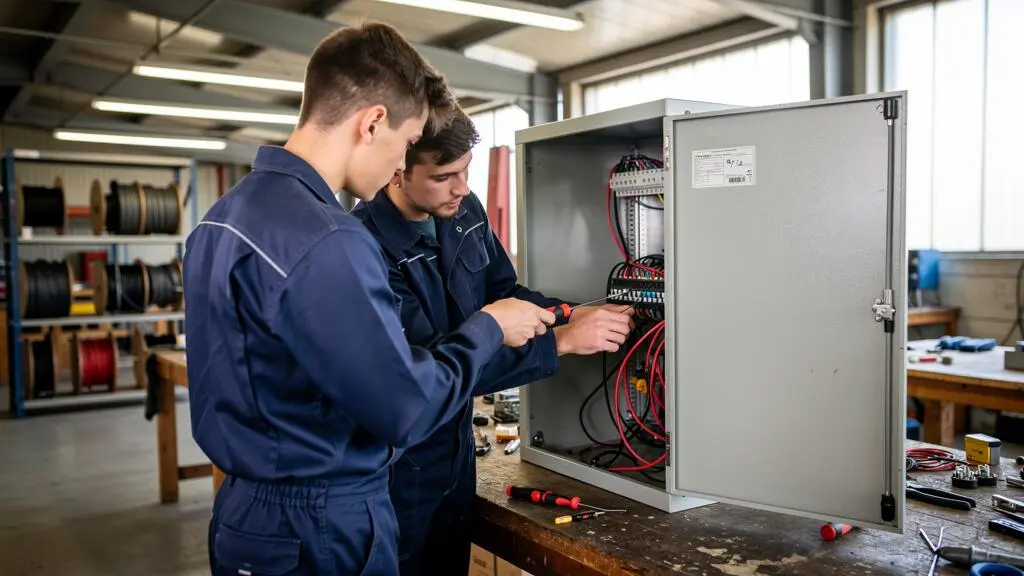 Un apprenti encadré par un technicien serre un bornier dans une armoire électrique en atelier de CFA.