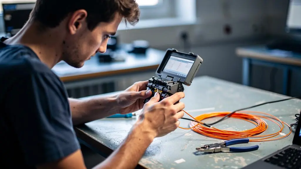 Un étudiant effectue une soudure de fibre optique à l'aide d'une fusionneuse sur un poste de travaux pratiques.