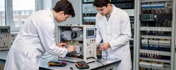 Deux étudiants en blouse blanche manipulent un banc d'essai électrique et un multimètre dans un laboratoire d'école d'ingénieurs.