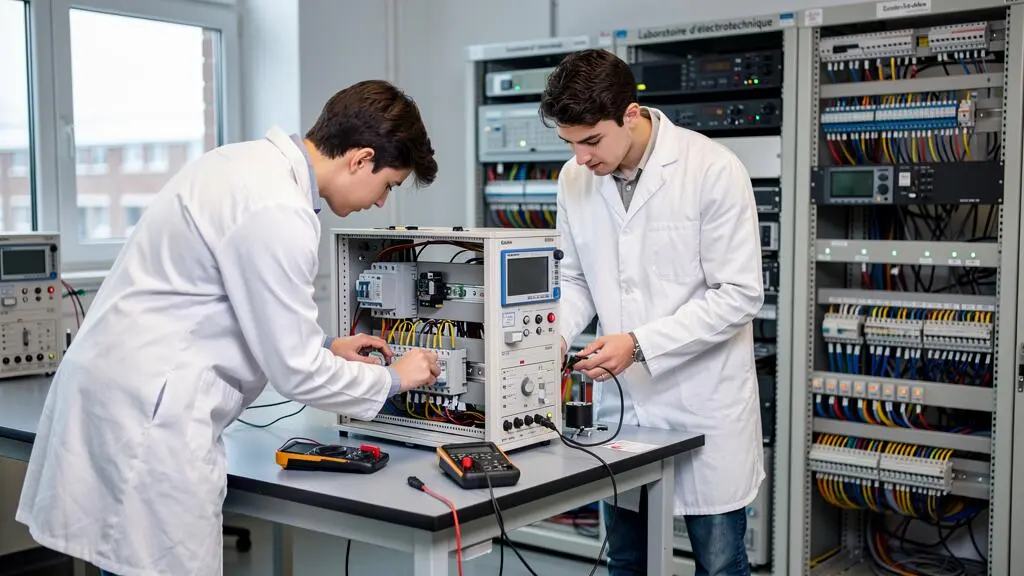 Deux étudiants en blouse blanche manipulent un banc d'essai électrique et un multimètre dans un laboratoire d'école d'ingénieurs.