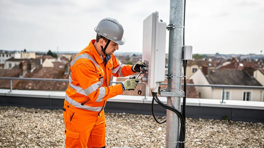 Un technicien en tenue de sécurité serre la fixation d'une antenne télécoms sur un toit-terrasse en France.